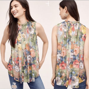 Anthropologie Deletta Epona Floral Mock Neck Smocked Pleated Tank Small